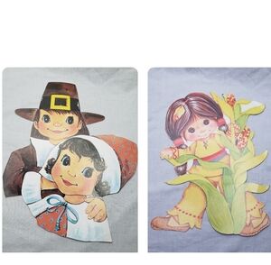 Two Vintage Fall Thanksgiving Cut Outs Pilgrims Big Eyes Die Cut